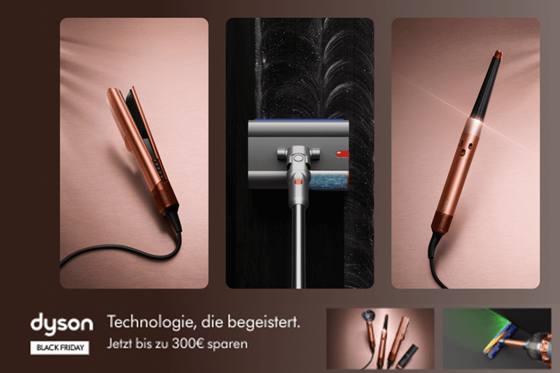 Verschiedene Dyson Akkusauger, Haarstyler und Luftreiniger sind zum Black friday im Sonderangebot bei Dyson zu sehen.